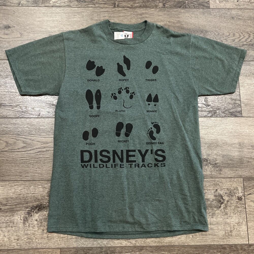 Vintage 90s Disney's WILDLIFE TRACKS Characters Foot Prints Large T-Shirt Green